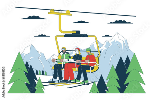 Gondola skiers riding on ski chairlift line cartoon flat illustration. Winter outerwear people on ski lift 2D lineart characters isolated on white background. Wintersport scene vector color image photo