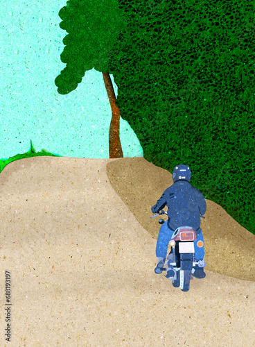 Ilustracja grafika motocyklista asfaltowa droga wśród drzew.