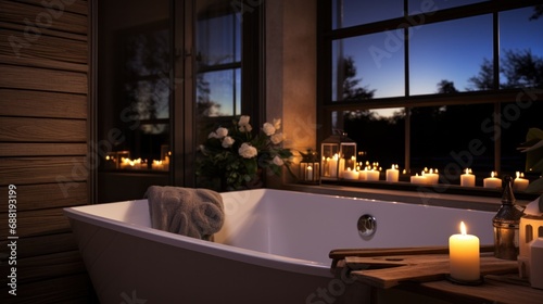 A bathroom with a deep soaking tub and candles, creating a spa-like atmosphere