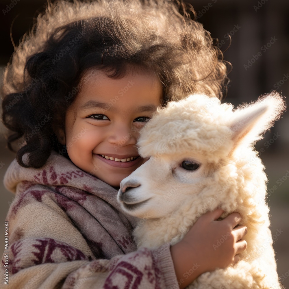 A beaming toddler cradles a fluffy and contented baby alpaca, A beaming toddler cradles a fluffy and contented baby alpaca,