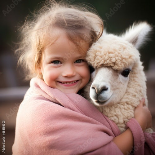 A beaming toddler cradles a fluffy and contented baby alpaca,
