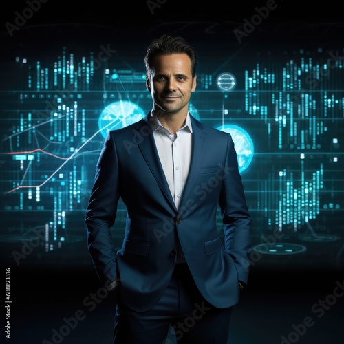 Businessman CEO in front of glowing data