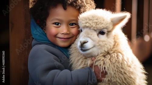 A beaming toddler cradles a fluffy and contented baby alpaca,