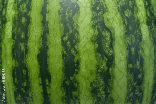 A close up picture of the texture and pattern of a watermelon skin with vertical striped lines. , Generated by AI