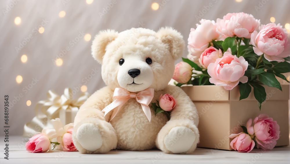 Cute funny teddy bear toy, with a gift box with a bow, with bouquets of peony flowers birthday Cute funny teddy bear toy, with a gift box with a bow, with bouquets of peony flowers birthday