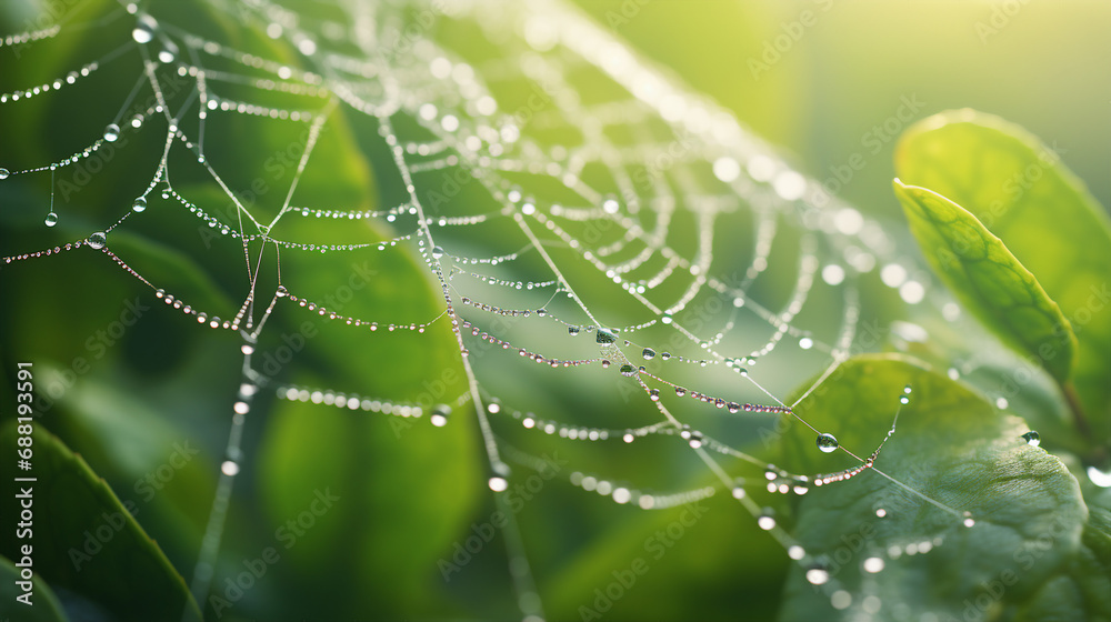 Dew-Kissed Cobweb in Early Morning Light Background