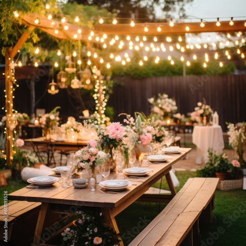 A beautiful outdoor garden party complete with fairy lights and floral centerpieces.