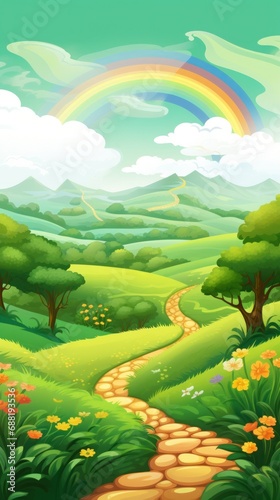 A beautiful St. Patrick's Day background with a green landscape, a rainbow, a...