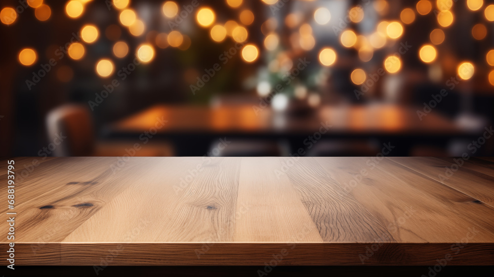 Brown oak wood table with copy space and christmas interior in the background. Cafe, restaurante, bar indoor. - obrazy, fototapety, plakaty 