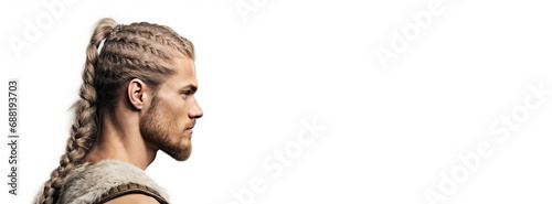 Profile view of young man with Viking Hairstyles, Scandinavian and Norse haircuts. Isolated over white background.  photo
