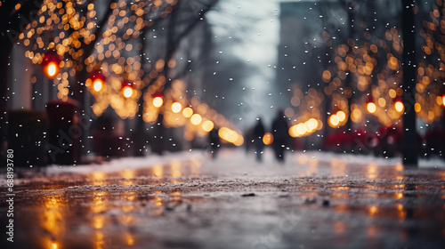 Background blur city evening street with snow and christmas lights  photo
