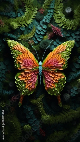 A 3d abstraction butterfly on a lush green moss bed  blending in yet standing out with its vivid colors.
