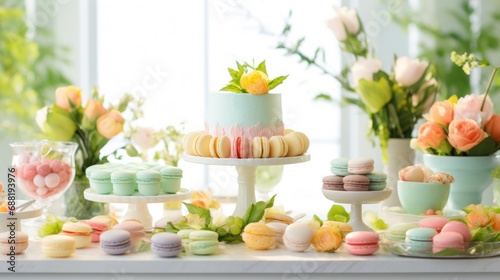 A bright and cheerful spring-themed dessert table filled with cupcakes, macarons,