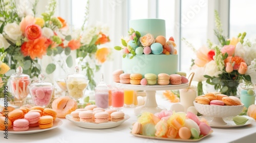 A bright and cheerful spring-themed dessert table filled with cupcakes, macar...