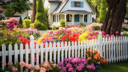A charming spring garden with a white picket fence and a mix of colorful flowers,