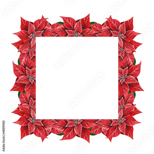 Christmas flower poinsettia square frame, hand drawn watercolor illustration isolated on white background. Floral illustration for Christmas decoration, postcards, invitations