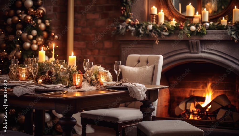 a christmas table setting with a fireplace in a background, a christmas table setting with a fireplace in a background,