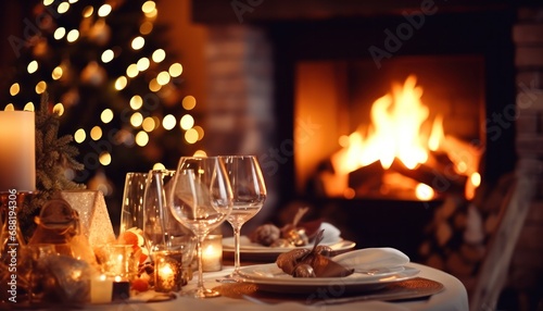 a christmas table setting with a fireplace in a background,