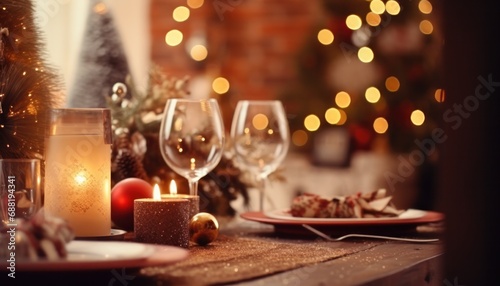 a christmas table setting with a fireplace in a background,