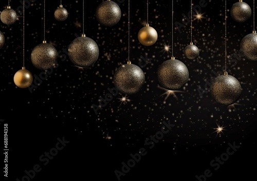 Christmas gold balls hang on a black background. 