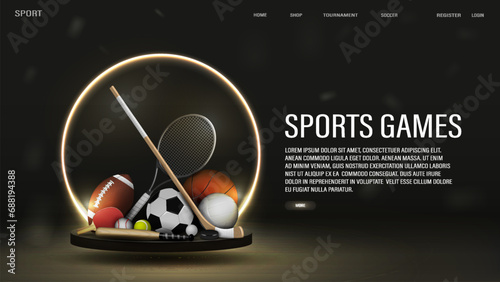A web banner with a stick, puck, bat and balls for football, basketball, soccer, volleyball, baseball, tennis and ping pong rackets in black and gold. A concept for sports betting.