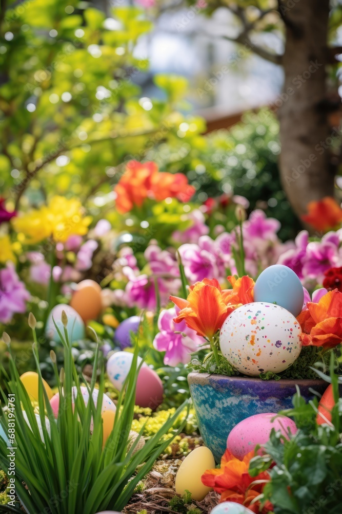 A colorful garden setting with Easter eggs hidden among the flowers A colorful garden setting with Easter eggs hidden among the flowers