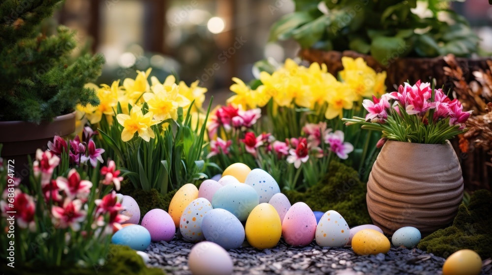 A colorful garden setting with Easter eggs hidden among the flowers A colorful garden setting with Easter eggs hidden among the flowers