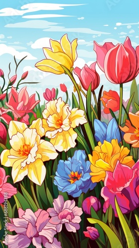A colorful spring garden with tulips and daffodils in bloom 