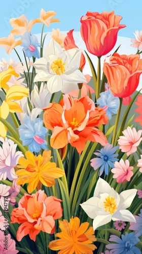 A colorful spring garden with tulips and daffodils in bloom 