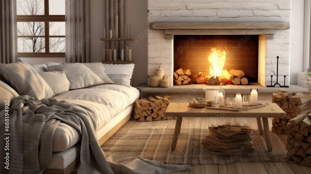 A cozy living room with a fireplace as the centerpiece, adorned with warm blankets and soft A cozy living room with a fireplace as the centerpiece, adorned with warm blankets and soft