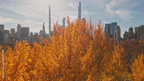 Central Park aerial view, Manhattan, New York. Aerial drone view of New York City Central Park. Panorama view in Autumn with Manhattan skyscrapers and colorful trees.