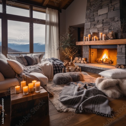 A cozy living room with a fireplace as the centerpiece, adorned with warm bla...