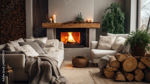 A cozy living room with a fireplace as the centerpiece, adorned with warm bla...