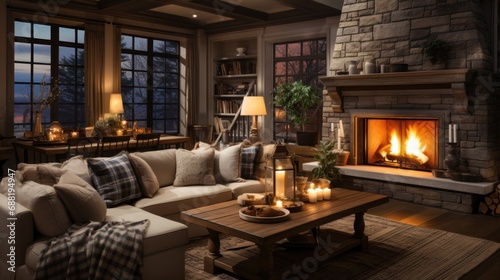 A cozy living room with a fireplace as the centerpiece, adorned with warm blankets and soft © olegganko