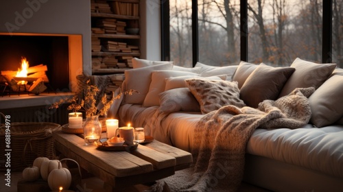 A cozy living room with a fireplace as the centerpiece, adorned with warm blankets and soft