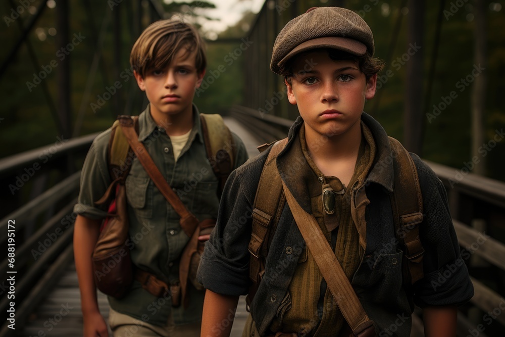Fototapeta premium Two Boy Scouts walk across the bridge with backpacks. International Boy Scout Day Concept