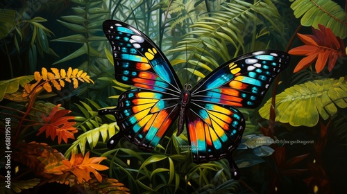 A 3d abstraction butterfly in a lush rainforest, its bright colors contrasting sharply with the dark green leaves.