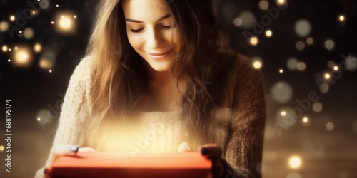 Beautiful young woman in the night, smiling as she looks at a box, a gift she was offered, holding the present with both hands, her face is lit with a warm golden light and magic gold lights sparkle 