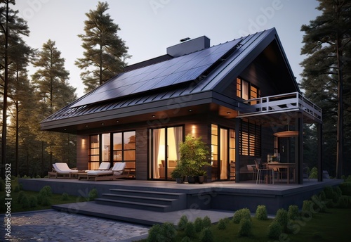 beautiful very modern minimalist house with solar panels on the roof in the countryside at sunset