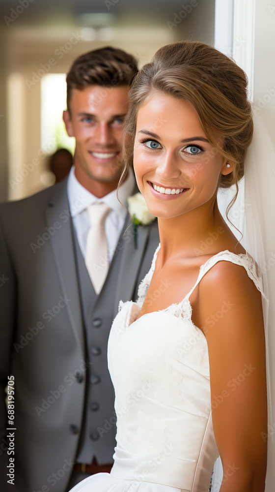Portrait of beautiful bride and groom looking at camera in the doorway Portrait of beautiful bride and groom looking at camera in the doorway