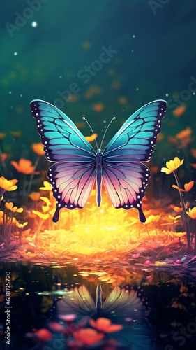 A 3d abstraction butterfly in a peaceful meadow, its wings echoing the colors of the surrounding nature. © roman arts