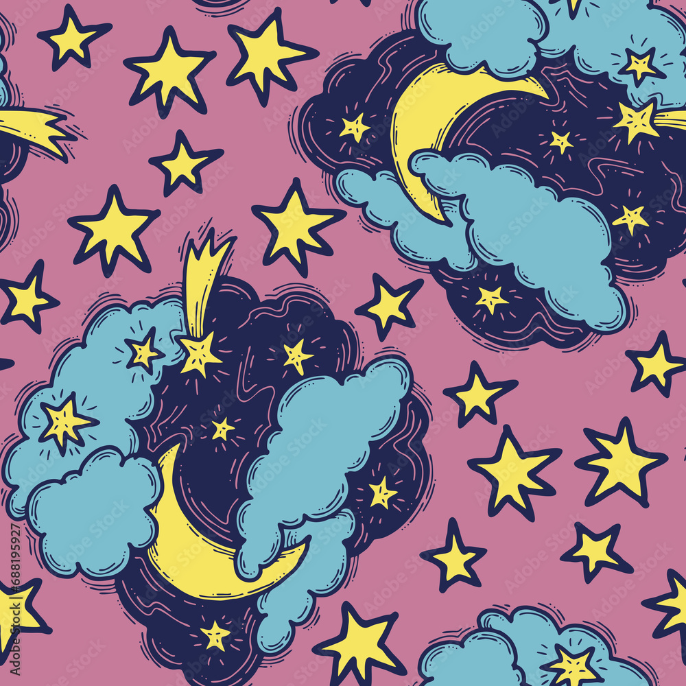 Starry night seamless pattern with moon, stars and clouds. Boho style decorative background for wallpaper, digital paper, wrapping design, fashion fabric, textile print. Hand drawn illustration.