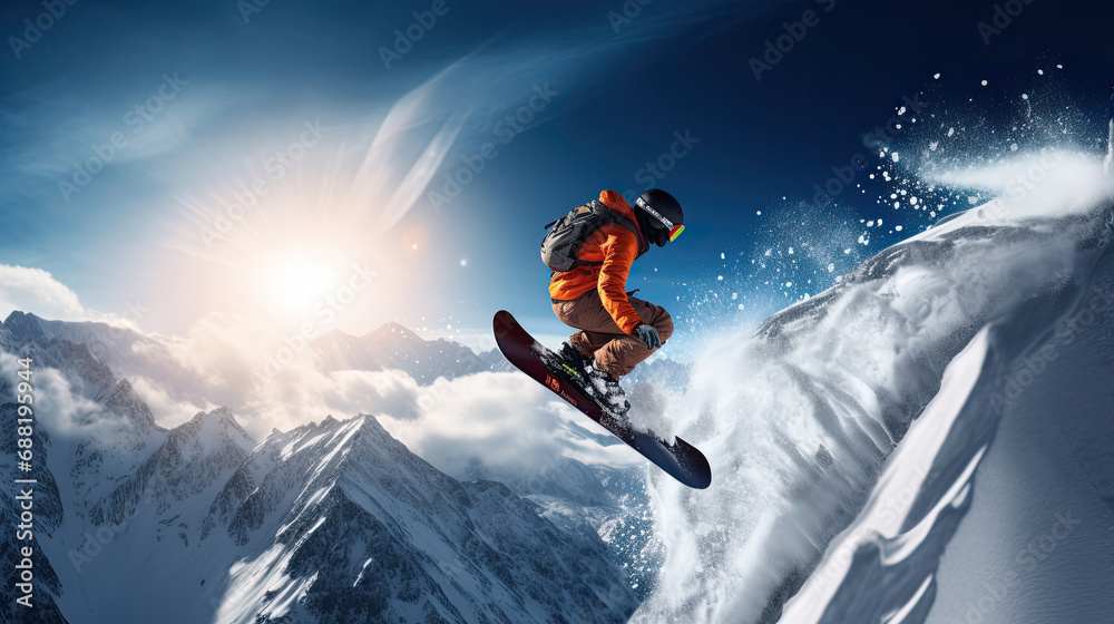 Snowboarder performing a method grab in mid-air vibrant gear against snow