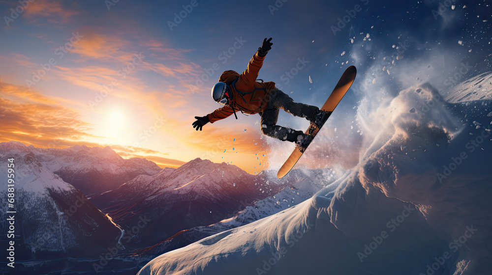 Naklejka premium Snowboarder launching off a feature against snow-covered peaks at sunset