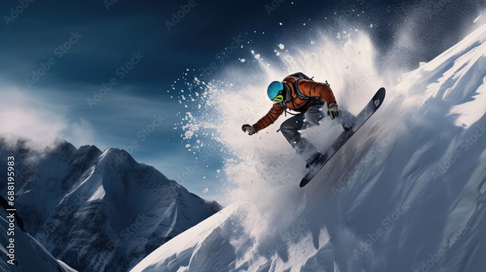 Snowboarder mid-air during a cliff drop rugged terrain below