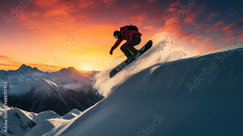 Dramatic snowboarding jump with sunset-lit snow peaks in the background photo