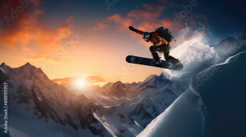 Snowboarder in mid-air with vivid sunset and snowy peaks backdrop