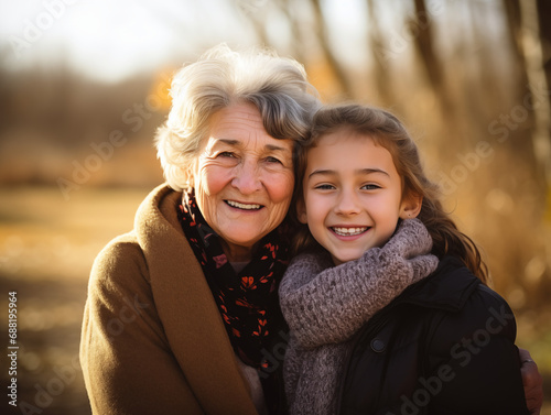 grandmother with granddaughter grandmother with granddaughter on the street, sunny weather.