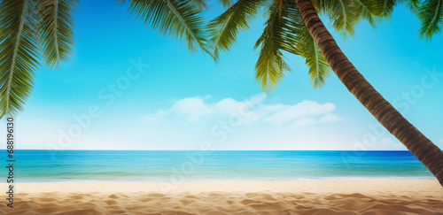 Tropical beach with fine sand  some palms near  calm sea with clear sky above. Empty copy space template for vacation or holiday product. Generative AI