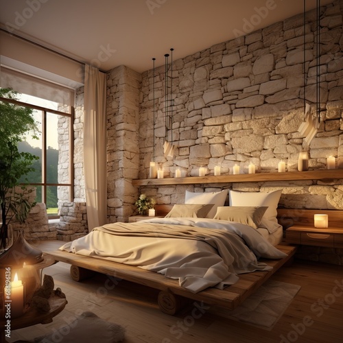 Cozy bedroom interior with mock up poster frame, big bed, beige bedding, plaid, lamp, wooden stands, black ladder, beige rug, wall with stucco and personal accessories. Home decor. Template.
